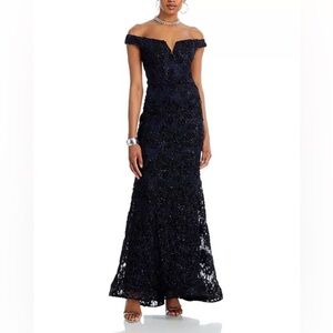 Aqua 
Off-the-Shoulder Embellished Lace Gown - Exclusive